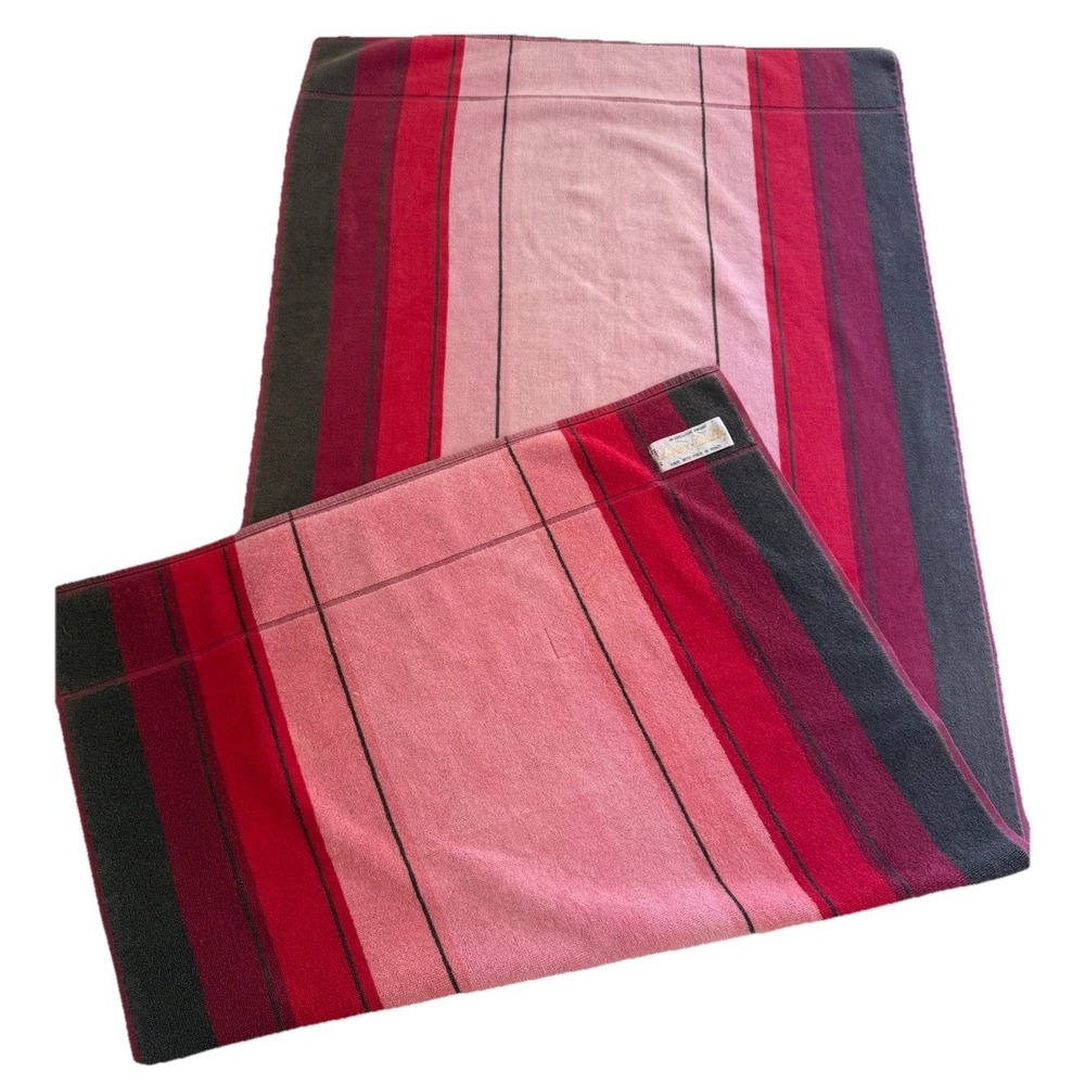 Vintage Lintex Velour Bath Towel Replacement Pink Burgundy Gray Stripe 54x25.5